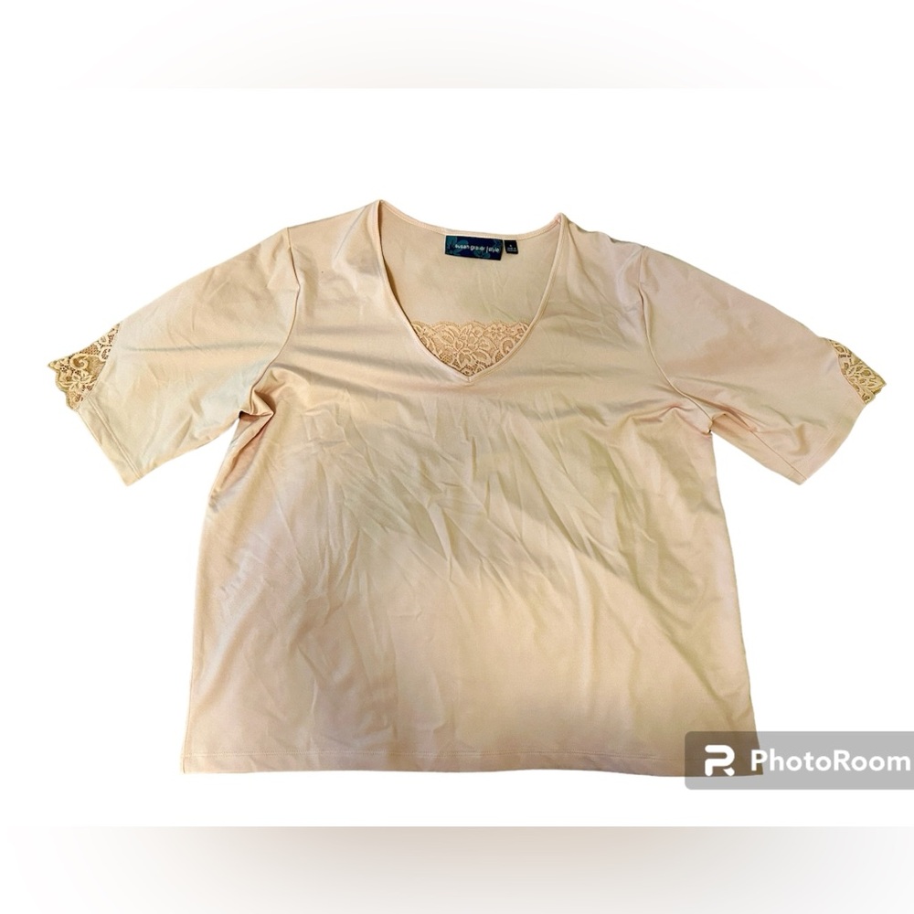 Susan Graver pink t-shirt with lace inserts at neckline and sleeves